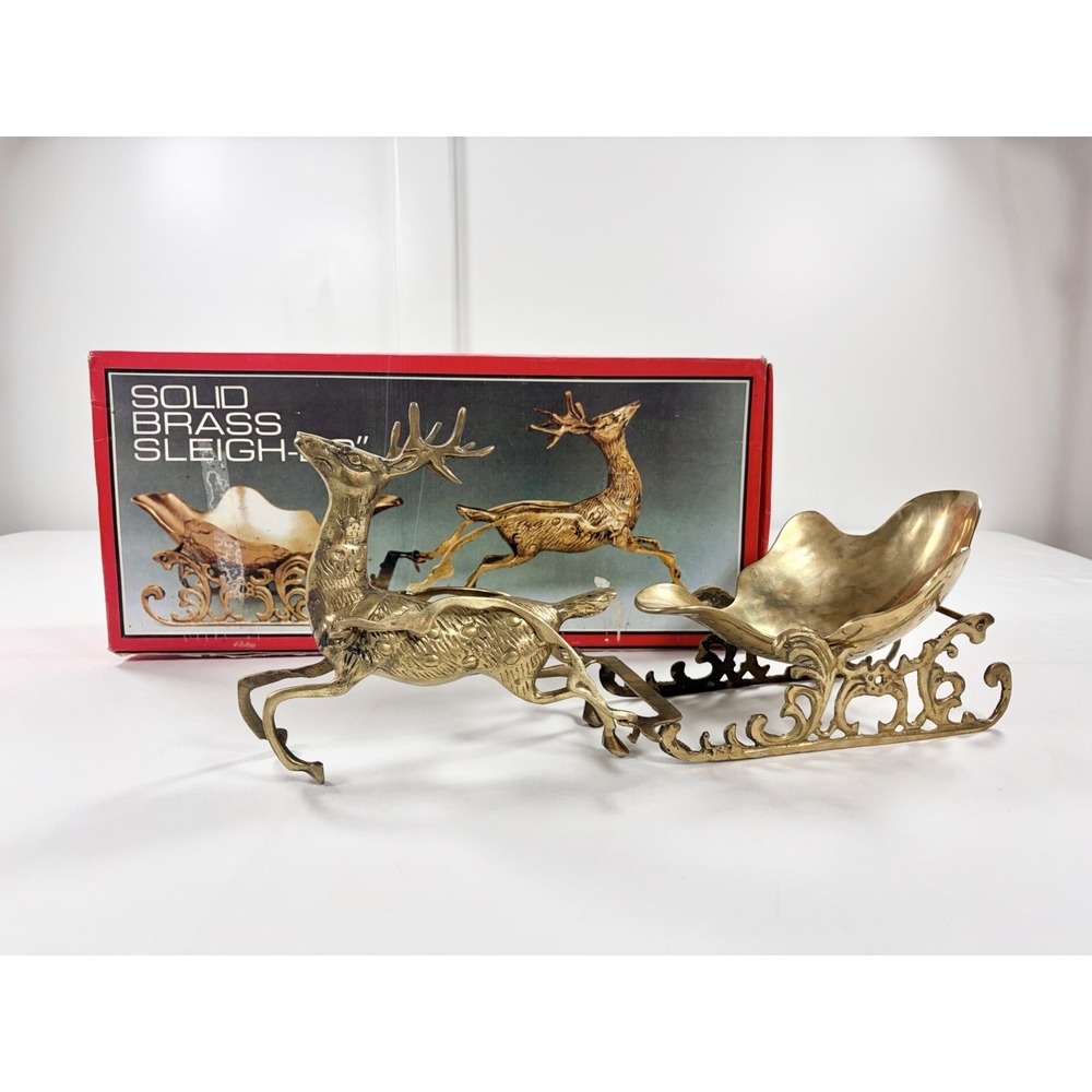 Vintage‎ Solid Brass Reindeer Sleigh Christmas Centerpiece Holiday Decor 2 Piece